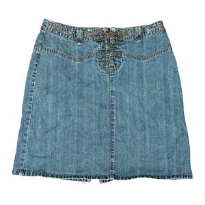 Y2K Boho Paisley Denim Skirt Faded Glory Size 12 Blue Embroidered Western Mini